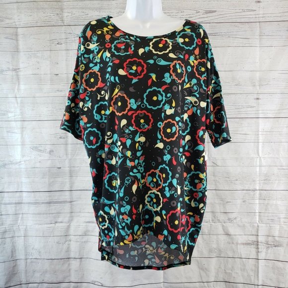LuLaroe Womens Irma Top Sz Small Black Teal Floral Short Sleeve - Picture 1 of 4